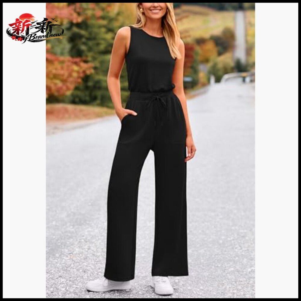 Sleeveless Wide Leg Jumpsuit, Polyester Viscose Elastane Blend, Casual Summer - Picture 3 of 7